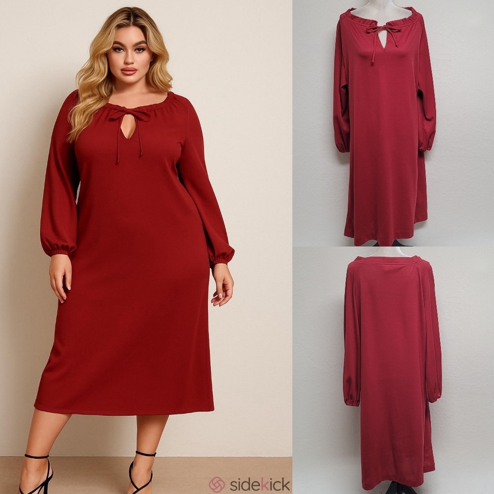 Vintage NPC Fashion Red Stretch Keyhole Ruffle Boatneck Long Sleeve Midi Dress
